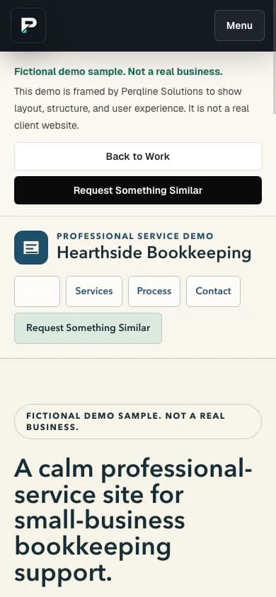 Hearthside Bookkeeping fictional demo homepage shown at mobile width