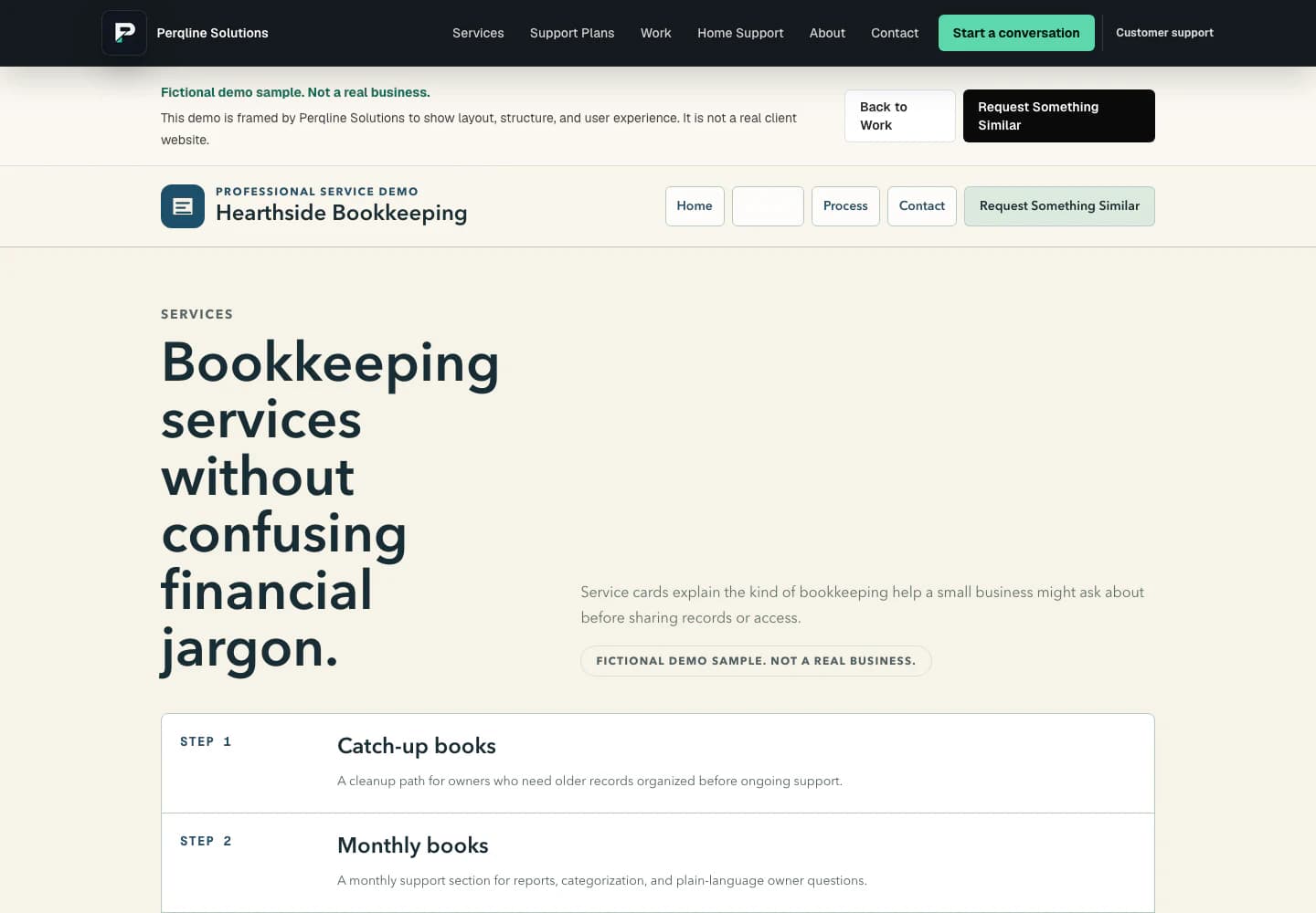 Hearthside Bookkeeping fictional demo services page shown at desktop width