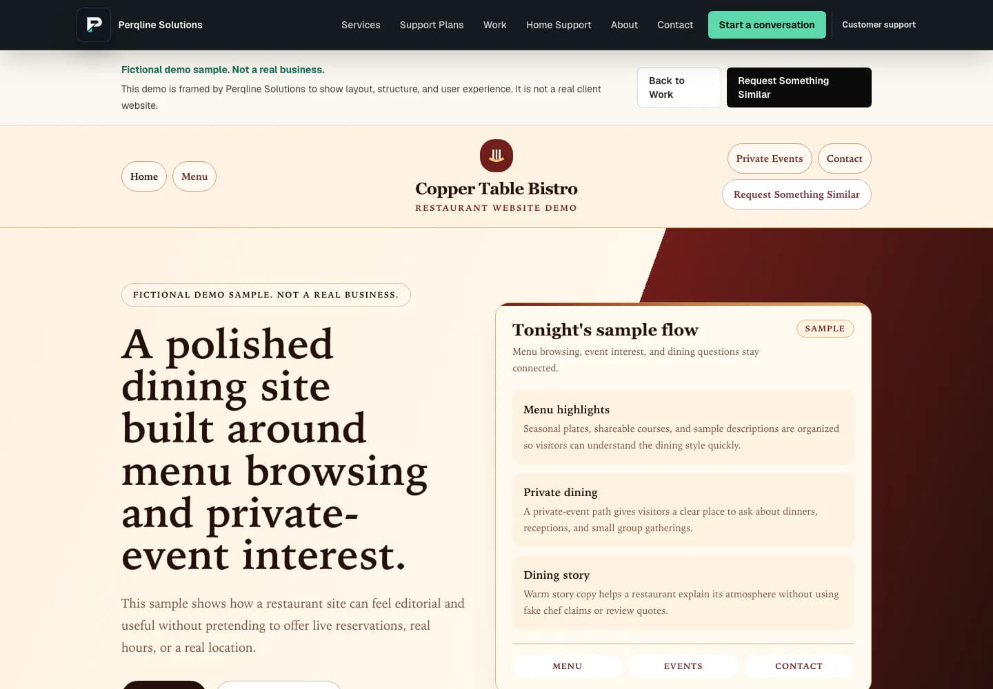 Copper Table Bistro fictional demo homepage shown at desktop width