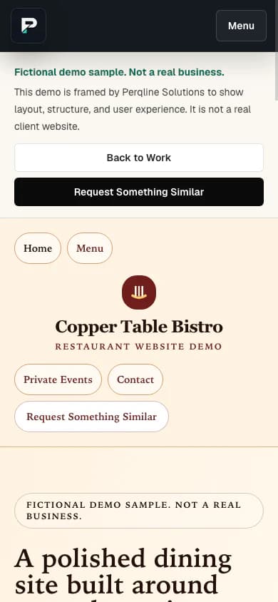 Copper Table Bistro fictional demo homepage shown at mobile width