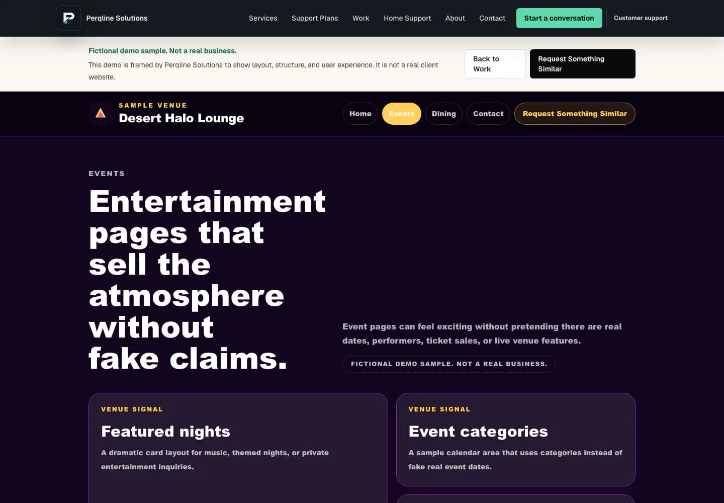 Desert Halo Lounge fictional demo events page shown at desktop width