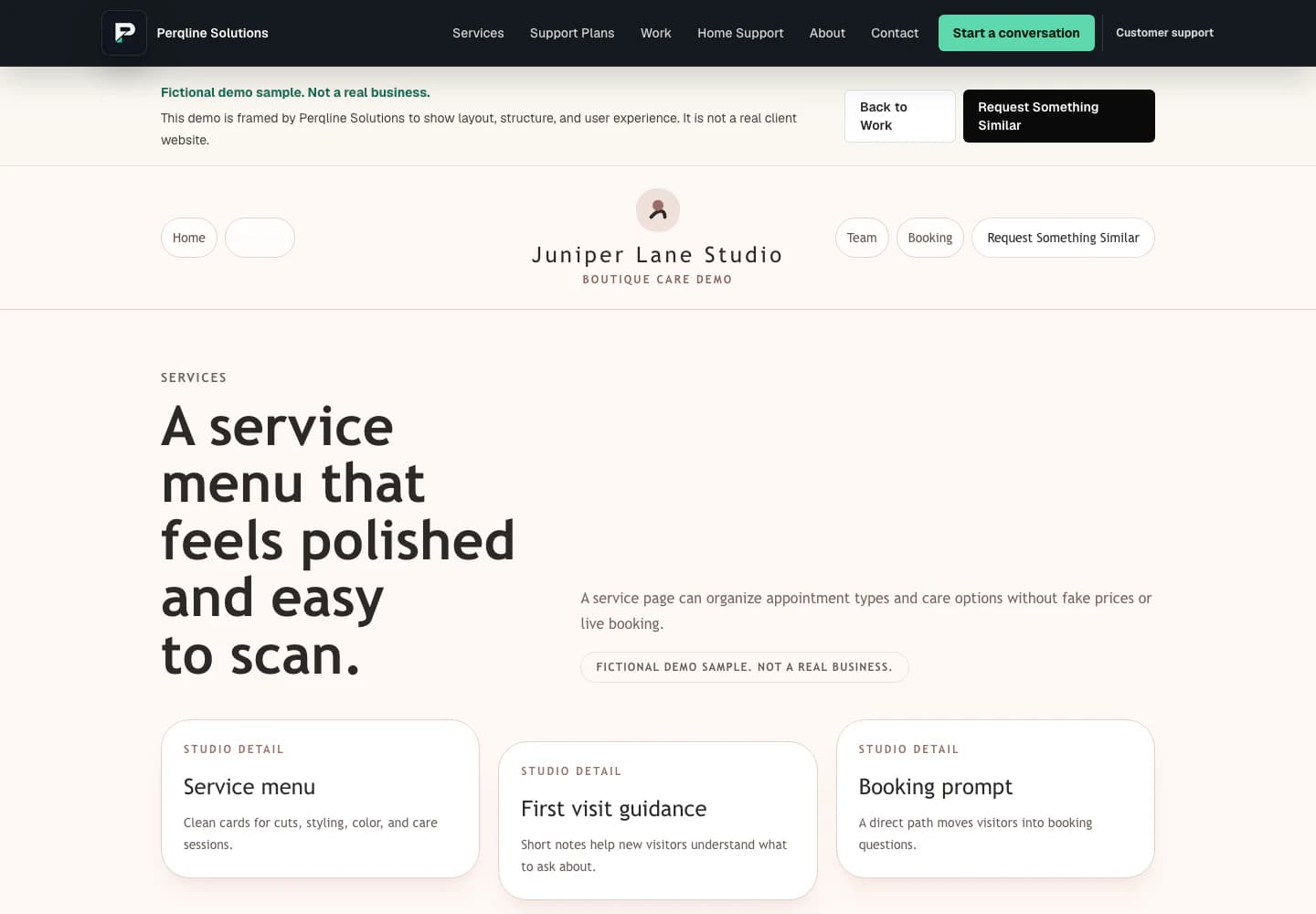 Juniper Lane Studio fictional demo services page shown at desktop width