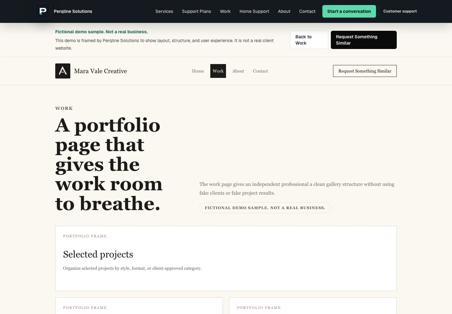 Mara Vale Creative fictional demo work page shown at desktop width