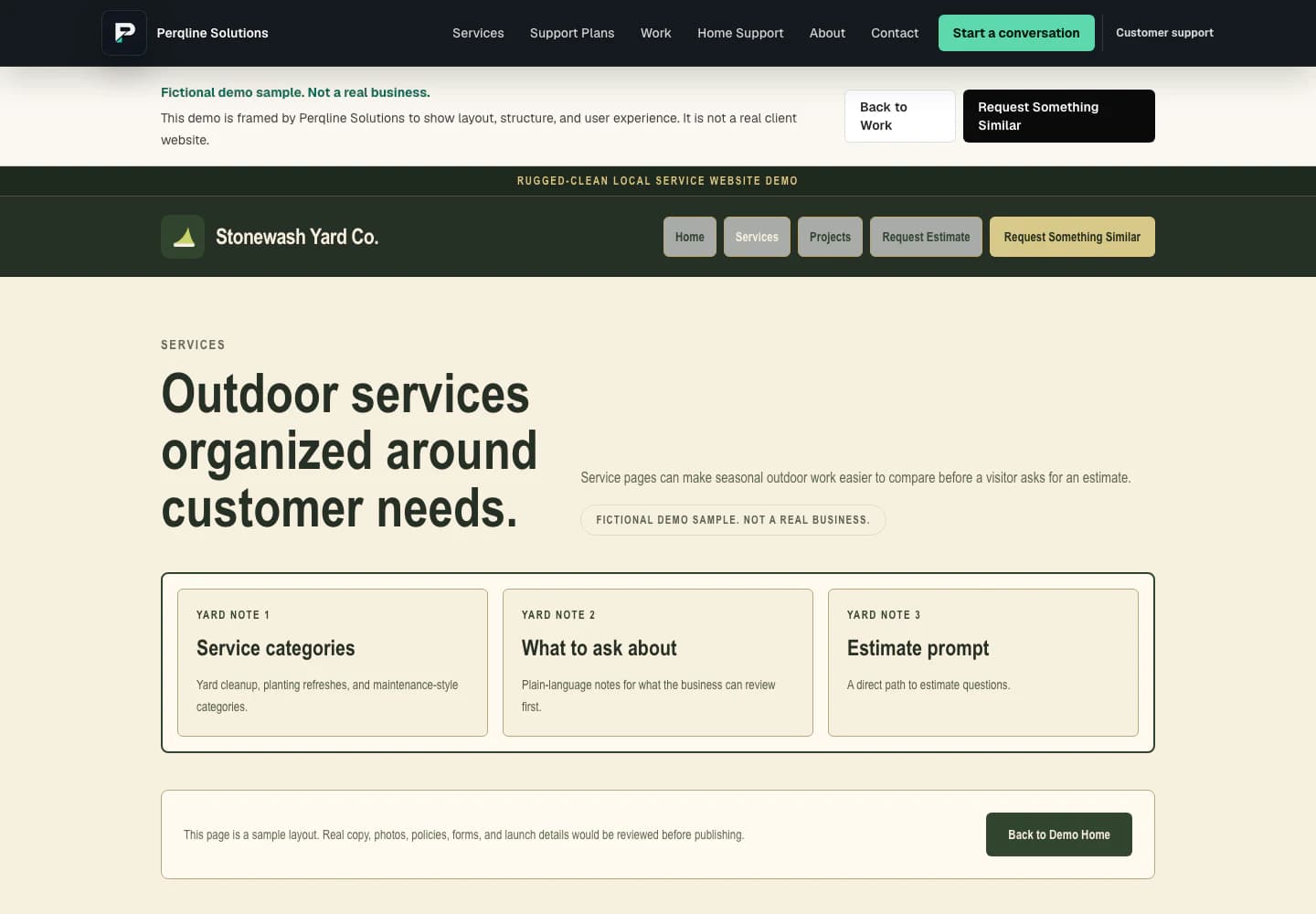 Stonewash Yard Co. fictional demo services page shown at desktop width